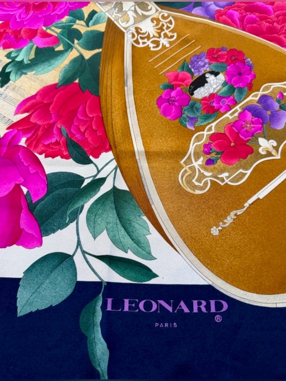 LEONARD Paris 100% Silk Scarf Baroque Arrangement Stringed Instrument Peony Navy